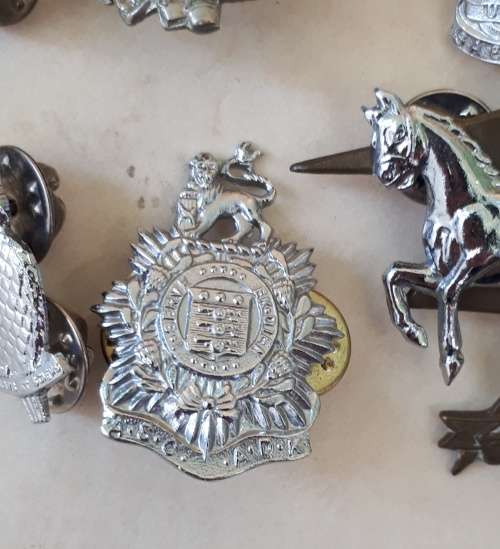SADF Military Intelligence Division Owl pin badges and other SA Military badges