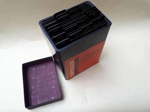 Photographic colour filter box Agfa Gevaert copycolor 10cm dia. CMY x 18 metal filters from Belgium