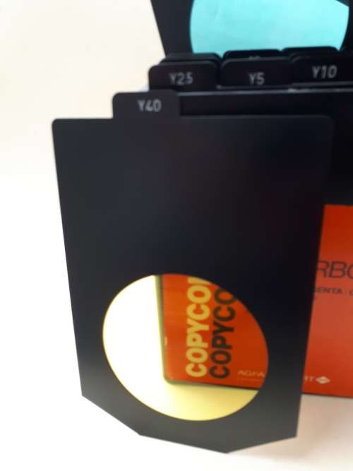 Photographic colour filter box Agfa Gevaert copycolor 10cm dia. CMY x 18 metal filters from Belgium