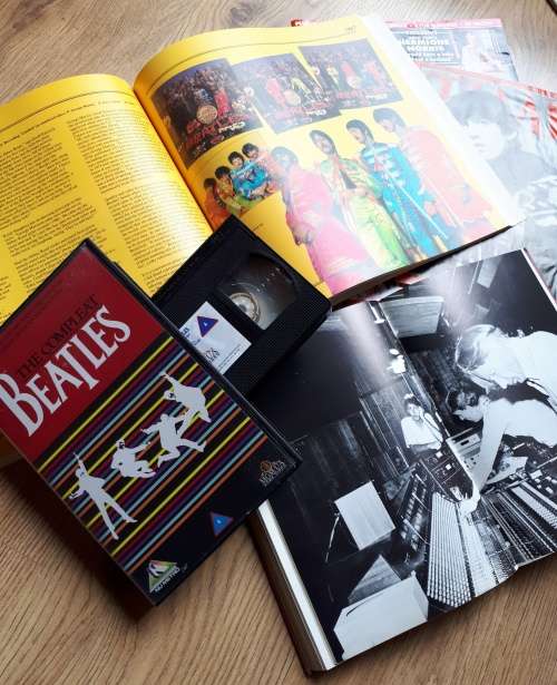 Beatles Memorabilia books and vintage VHS The Compleat Beatles published 1980s