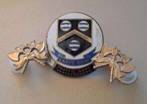 Old Johannesburg Traffic Department (35 mm x 30 mm) badge and two Fire Department pin badges
