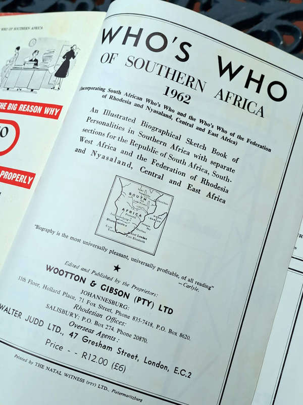 Who`s Who of Southern Africa 1962 Hardcover. Large book with 1084 pages