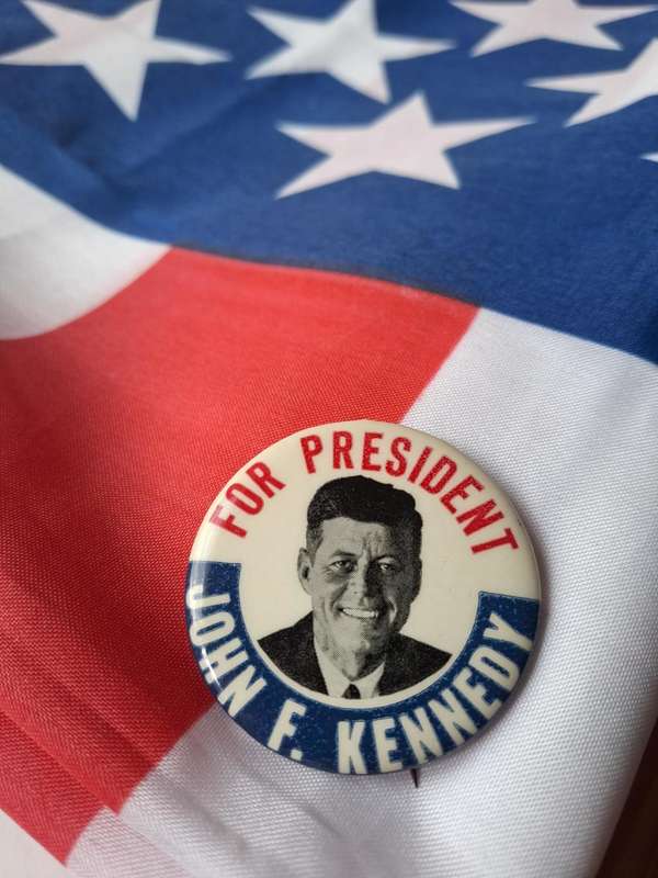 Stars and Stripes flag (Star Spangled Banner) USA and John F. Kennedy for President Campaign badge