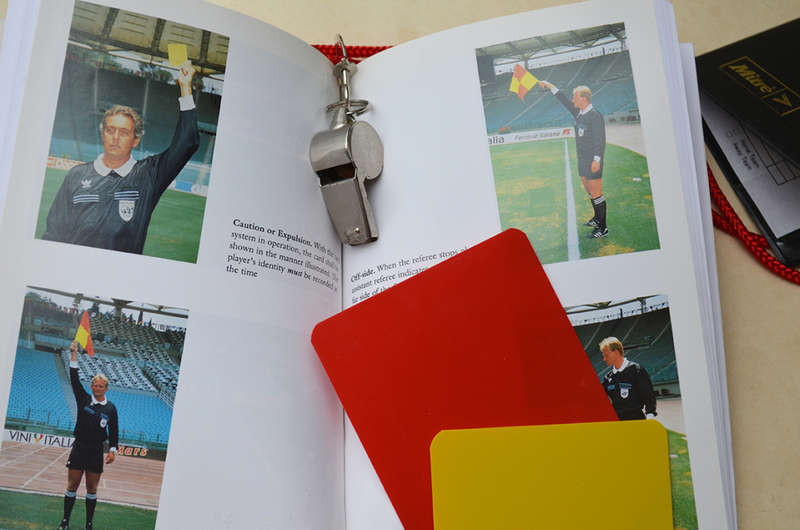 Football  Laws of Association Football, handy book + Whistle + Red/Yellow cards + extra sheets
