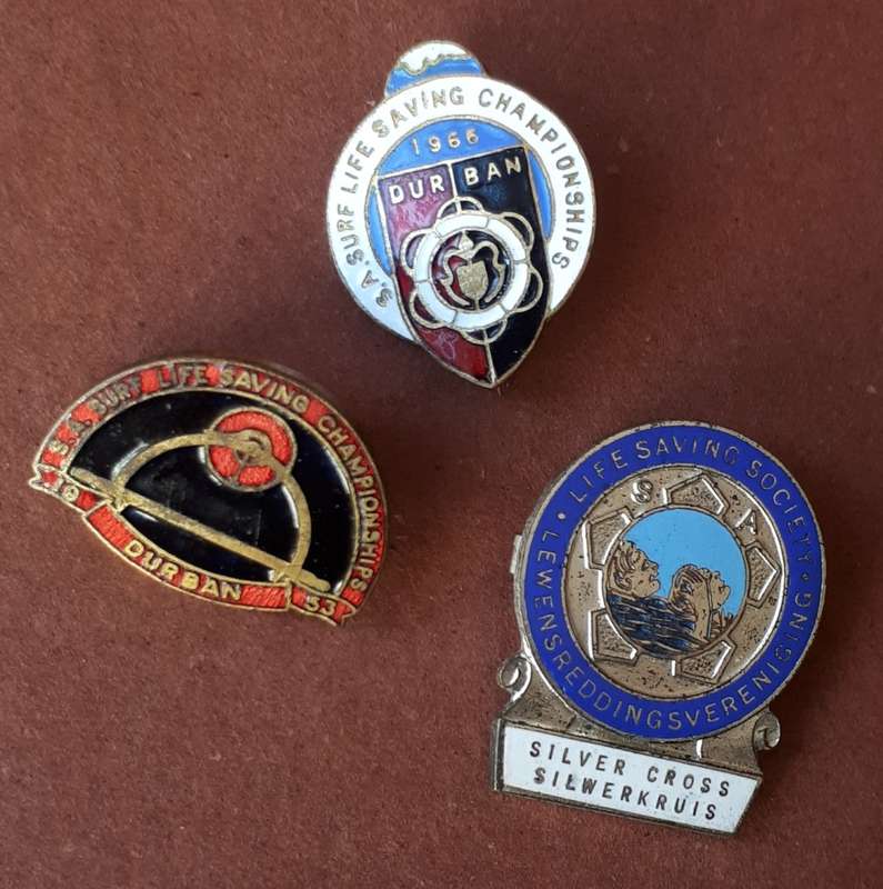 South African Surf Life Saving Championships pin badges 1953/1966 Durban. S.A. Life Saving Society