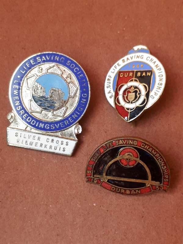 South African Surf Life Saving Championships pin badges 1953/1966 Durban. S.A. Life Saving Society