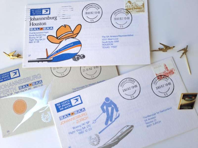 South African Airways three First Day covers (stamps) from 1982, plus 3 x SAA pin badges