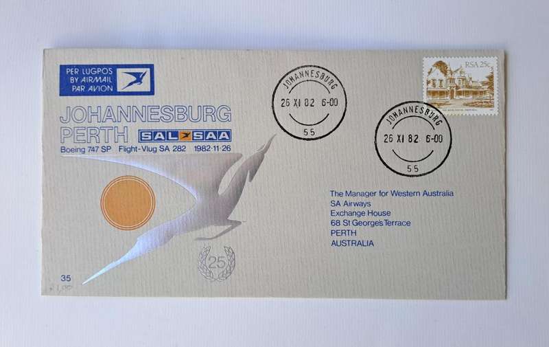 South African Airways three First Day covers (stamps) from 1982, plus 3 x SAA pin badges