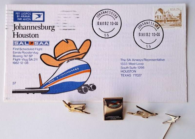 South African Airways three First Day covers (stamps) from 1982, plus 3 x SAA pin badges
