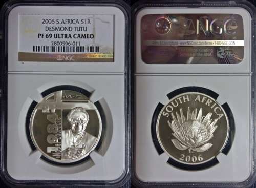 ## NGC Graded 2006 South Africa Silver Protea Desmond Tutu R1 PF 69 Ultra Cameo ##