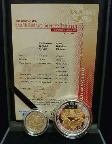 ## 1921-2011 90th Anniversary Commemoration Set South African Reserve Bank with Crown & R5 ##