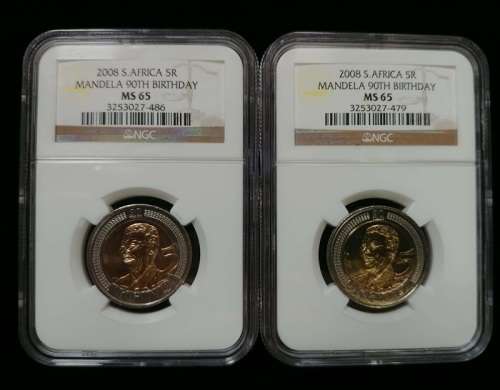 ## 2 x NGC Graded 2008 Mandela 90th Birthday R5 MS 65 ** Bid per coin for the Lot ##