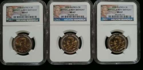 ## 3 x NGC Graded 2008 Mandela 90th Birthday R5 MS 67  ** Bid per Coin for the LOT ##