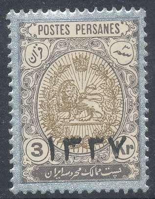 1918 - IRAN  / PERSIA   COAT OF ARMS  3KR  OVERPRINT OF 1909  - MINT  +/- R1000