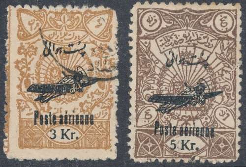 1928 - IRAN  / PERSIA   AIRMAIL  3 and 5 KR  REVENUE STAMPS  OVERPRINTED   - USED  R750 ++