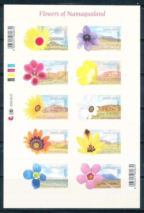 RSA  -  2008 -    Airmail - Flowers - Self-Adhesive Stamps  FULL SHEET   - FINE  MINT