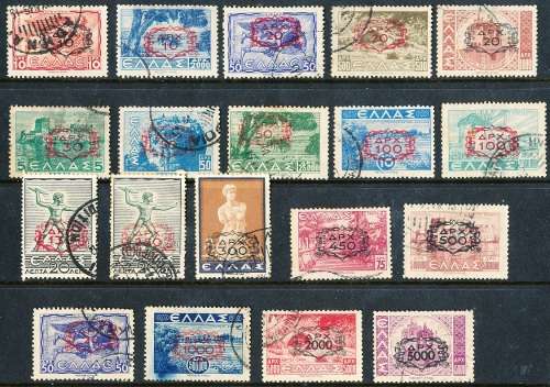 GREECE   1946  -   Stamps of 1942 & 1944 Surcharged in Black or Red    COMPLETE  SET -  FINE USED