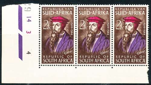 RSA  -  1964 -   Death of Calvin (Protestant Reformer)  CONTROL STRIP of 3   -  FINE MINT