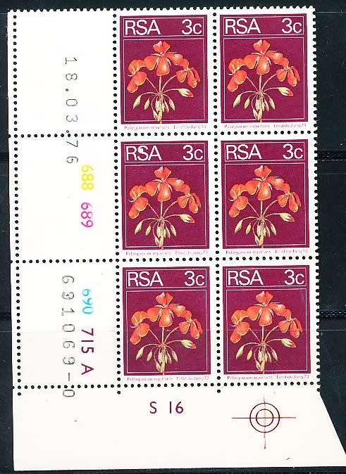 RSA -  1974  - 2nd BDEFINITIVE  3c  CONTROL  A  BLOCK  -  18/03/76   (prnt  0 )   - FINE MINT