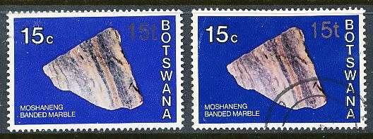 BOTSWANA  1976  -    Minerals  SURCHARCHED  15c type 1 and 2     -  FINE  USED
