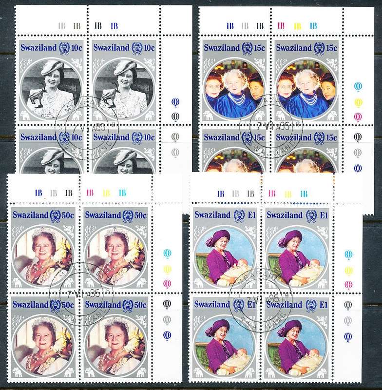 SWAZILAND   1985   - Queen Mother  FULL  SET  of CONTROL BLOCKS   B  -    FINE  CTO  USED