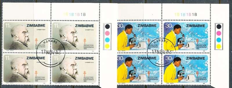 ZIMBABWE 1982  -     Discovery of Tubercle Bacillus  CONTROLS  ` B`  BLOCKS  -  FINE  CTO USED
