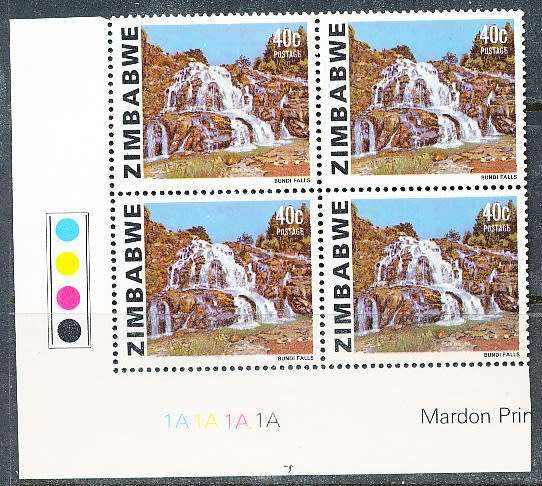 ZIMBABWE 1983  -    Waterfalls   40c  ADDITIONAL VALUE   CONTROL  ` A`  BLOCK  -  FINE  MINT