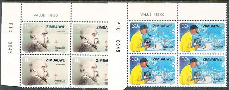 ZIMBABWE 1982  -     Discovery of Tubercle Bacillus  CORNER  BLOCKS  -  FINE  MINT