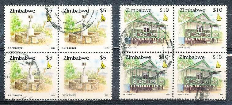 ZIMBABWE 1995  -   Zimbabwe Culture  $5 and $10  BLOCKS OF 4     -  FINE   USED