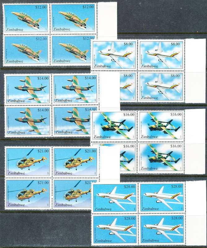 ZIMBABWE 2001  -    Aircraft    FULL   SET   BLOCKS   OF  4   -  FINE    MINT