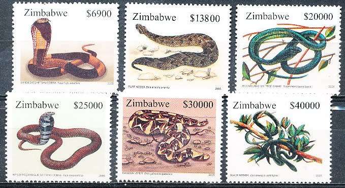 ZIMBABWE 2005  -  Snakes of Zimbabwe  FULL  SET    -  FINE  MINT