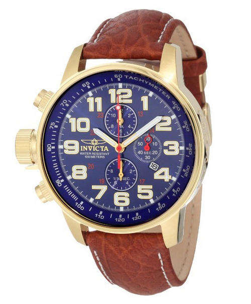 INVICTA 3329 IFORCE LEFTY MILITARY GOLD TONE BROWN LEATHER CHRONO WATCH