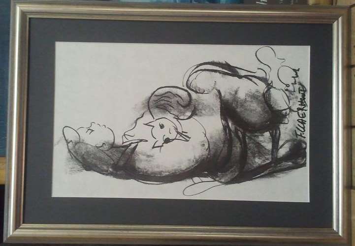 FRAMED FRANS CLAERHOUT REPRODUCTION SIGNED BY ARTIST WITH HIS INCURSIVE SIGNATURE (GIRL AND HER CAT)