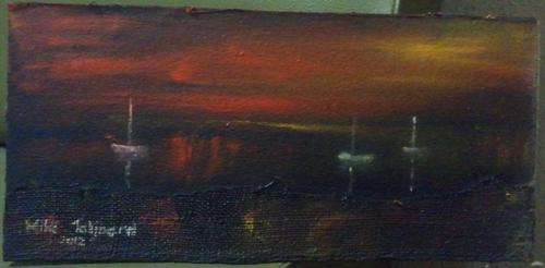 MIKE TALJAARD ORIGINAL OIL ON CANVAS BOARD PAINTING  (BOATS AND REFLECTION RED 2)