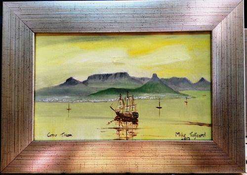 FRAMED MIKE TALJAARD ORIGINAL OIL ON BOARD CANVAS (LIONS HEAD AND TABLE MOUNTAIN 1820)