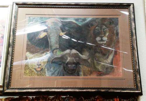 MASSIVE FRAMED MIKE TALJAARD ORIGINAL,  CHALK PASTELS, THE BIG FIVE