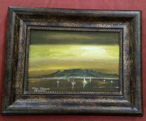 Free postage TABLE MOUNTAIN 1920. FRAMED MIKE TALJAARD ORIGINAL OIL ON BOARD CANVAS