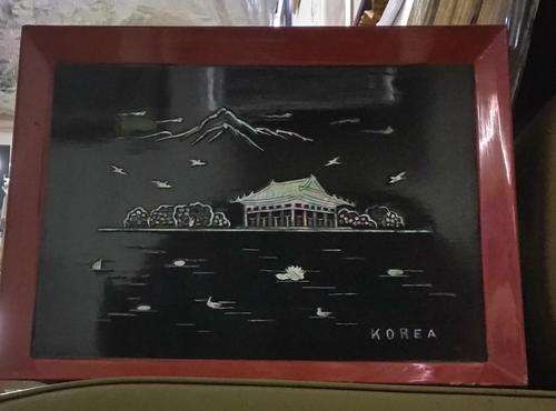 FRAMED ORIGINAL MOTHER OF PEARL ART.  TEMPLE IN KOREA