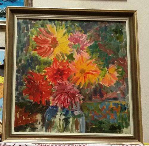 FRAMED ORIGINAL OIL ON CANVAS (IMPRESSIONISM) STILL LIFE, DAHLIAS by ARTIST J, STOCK