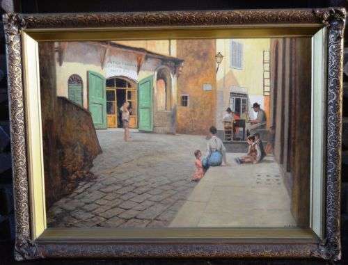FREE COURIER, ITALIAN PAINTER, ABBATE, STREET SCENE, ANTIQUE OIL PAINTING