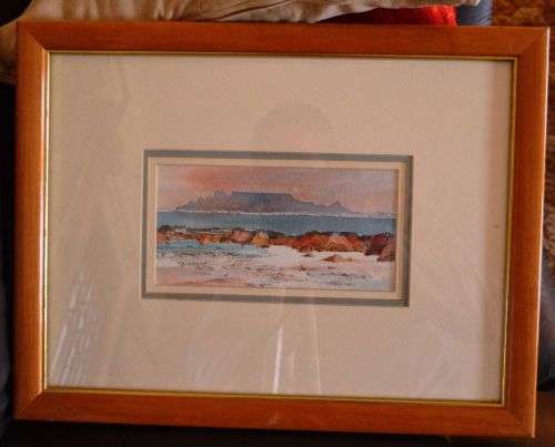 FRAMED ORIGINAL WATERCOLOUR, TABLE MOUNTAIN VIEW FROM BLOUBERG BY T. BUZZARD, OCT 1992