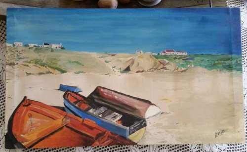 ORIGINAL OIL ON BOARD PAINTING (WEST COAST FISHERMEN BOATS ON THE BEACH)