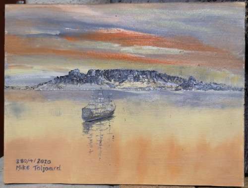 TABLE MOUNTAIN year 1755. UNFRAMED MIKE TALJAARD ORIGINAL OIL ON BOARD CANVAS