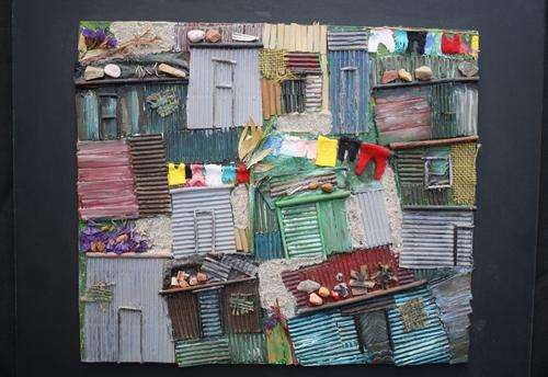 MIXED MEDIA ON BOARD, SQUATTER CAMP COLLAGE BY NOLA PRETORIUS