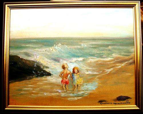 R1 ENTRY!! FRAMED ORIGINAL OIL PAINTING - CHILDREN ON BEACH - SIGNED CONSTANCE NETHERINGTON 1929