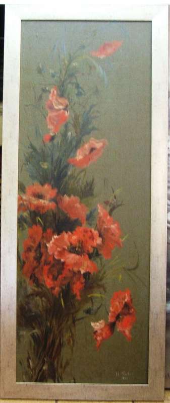 CRAZY R1 START, FRAMED ORIGINAL OIL PAINTING, RED FLOWERS