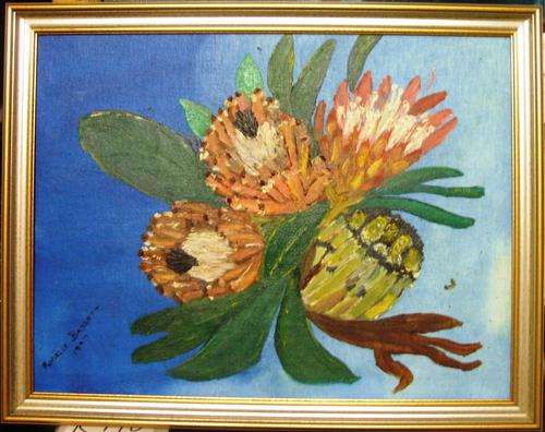CRAZY R1 START, A RANGE OF PROTEA FLOWERS, FRAMED OIL PAINTING  BY RONELLE BASSETT 1997
