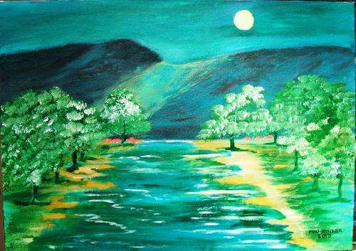 ORIGINAL ACRYLIC ON CANVAS BOARD, MOONLIGHT LANDSCAPE BY MEG HORNER 2010