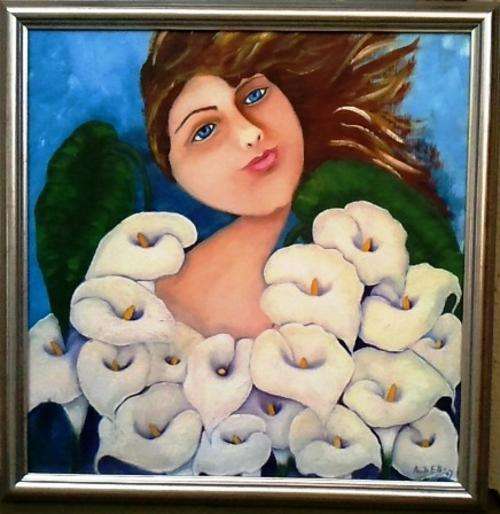 FRAMED ORIGINAL ACRYLIC  PAINTING ON BOARD CANVAS,  I LOVE ARUM LILLYS BY ANITA ELLIS 2007