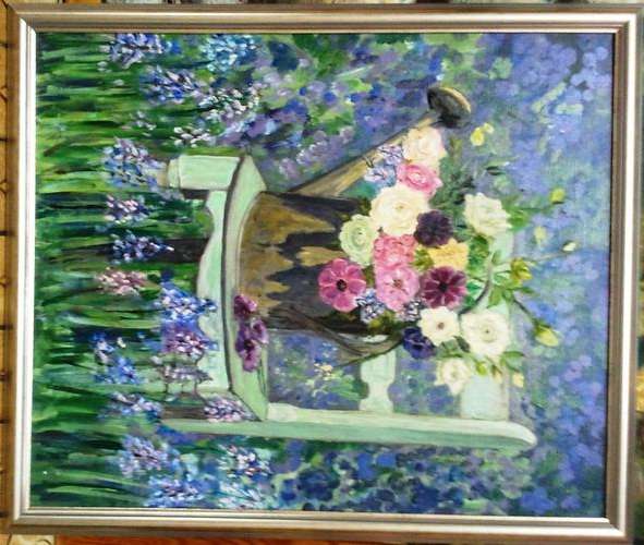 ORIGINAL FRAMED OIL ON BOARD CANVAS, GARDEN FLOWERS IN WATERING CAN